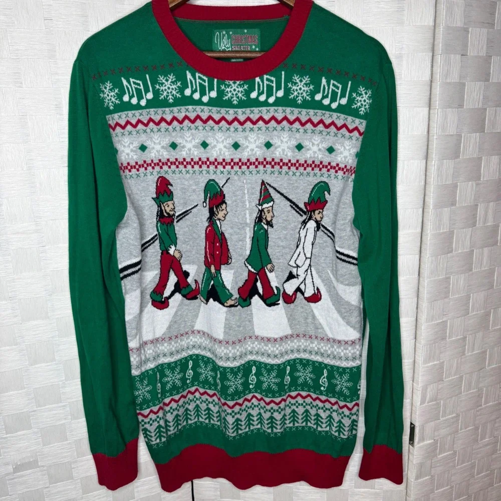 Ugly Christmas Sweater Beatles Abbey Road Elves Parody Green Mens Large L